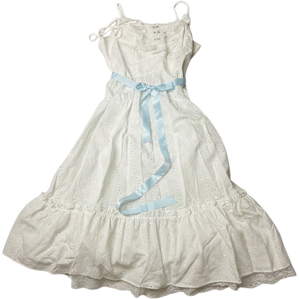 Vintage Candi Jones California White Eyelet Lace Maxi Dress Blue Ribbon Size 13